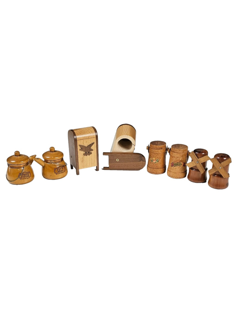 Vtg Wood Kitsch Kitchen Lot Salt Pepper Shakers Eagle Mailbox Pair Road Trip 8pc